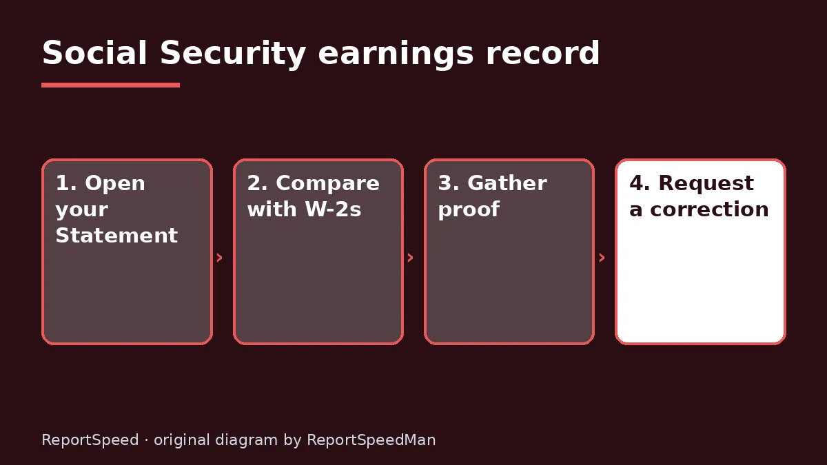 Diagram: Social Security earnings record — Open your Statement; Compare with W-2s; Gather proof; Request a correction