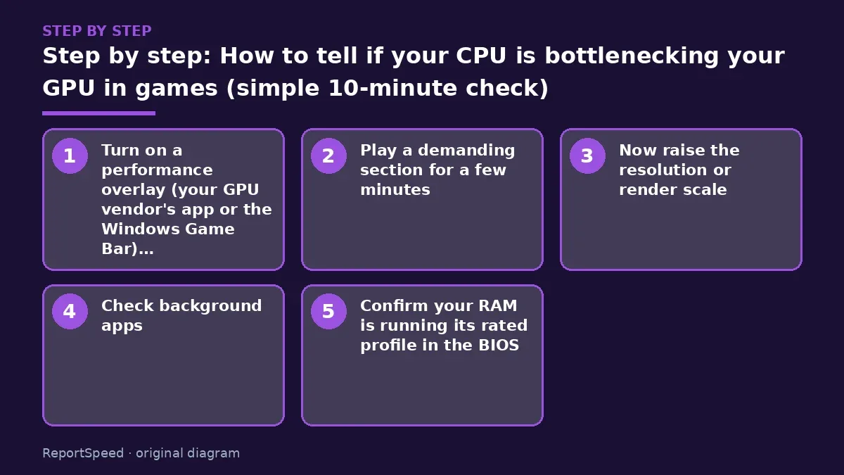 Step illustration: numbered steps for How to tell if your CPU is bottlenecking your GPU in games (simple 10-minute check)