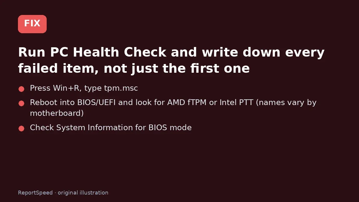 Fix steps: Run PC Health Check and write down every failed item; Press Win+R, type tpm.msc; Reboot into BIOS/UEFI and look for AMD fTPM or Intel PTT…