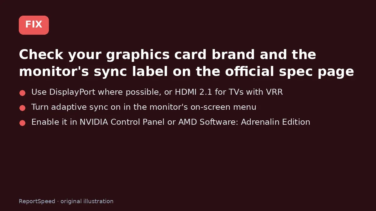 Fix steps: Check your graphics card brand and the monitor's sync label…; Use DisplayPort where possible, or HDMI 2.1 for TVs with VRR; Turn adaptive sync on in the monitor's on-screen menu