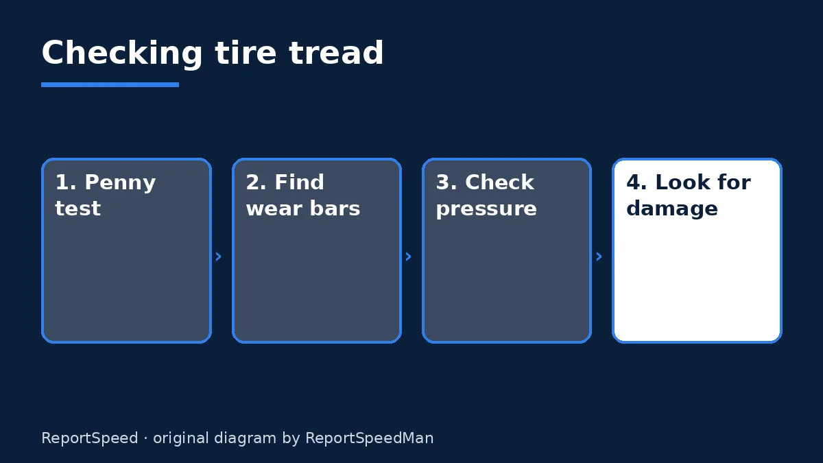 Diagram: Checking tire tread — Penny test; Find wear bars; Check pressure; Look for damage