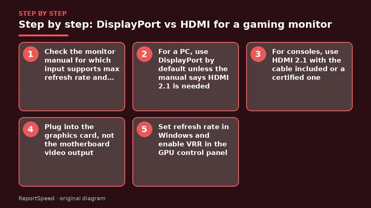 Step illustration: numbered steps for DisplayPort vs HDMI for a gaming monitor