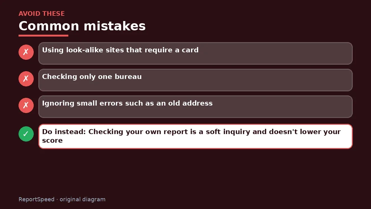 Callout graphic of common mistakes to avoid and what to do instead for How do I get my free credit report, and how often can I check it