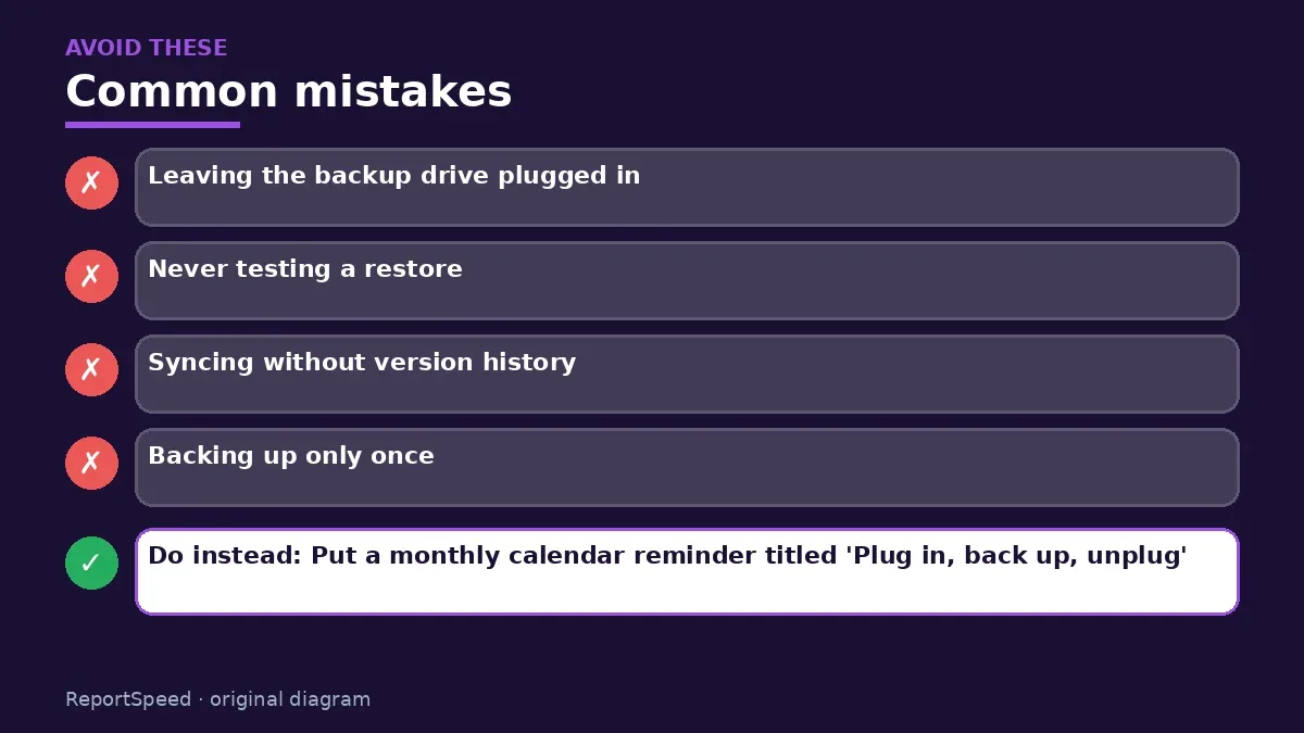 Callout graphic of common mistakes to avoid and what to do instead for How do I back up my files so ransomware can't take them