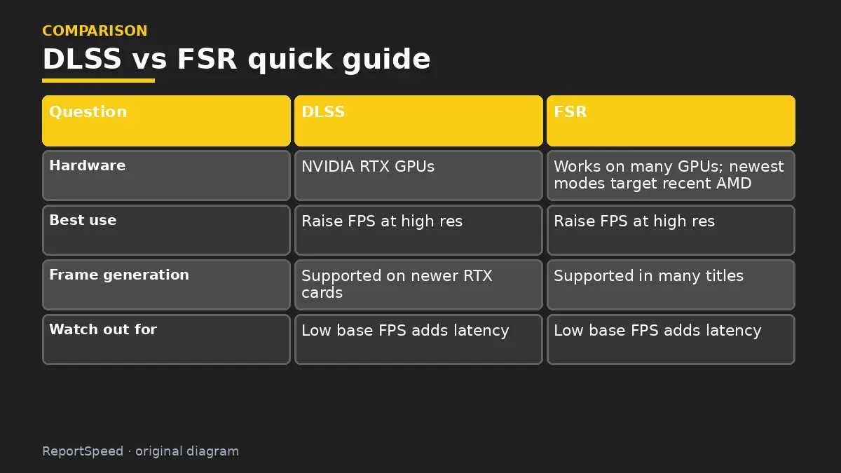 Comparison chart: DLSS vs FSR quick guide