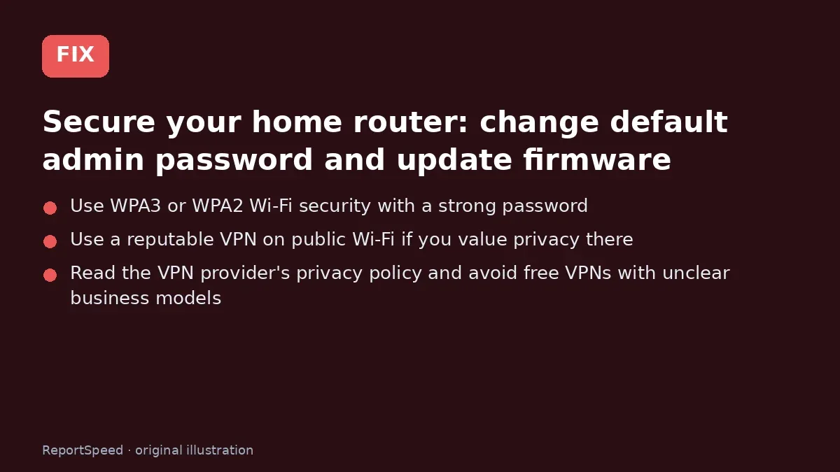 Fix steps: Secure your home router; Use WPA3 or WPA2 Wi-Fi security with a strong password; Use a reputable VPN on public Wi-Fi if you value privacy…