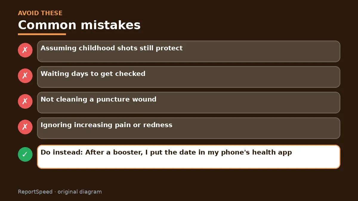Callout graphic of common mistakes to avoid and what to do instead for When do I need a tetanus shot