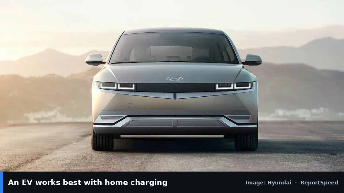 Hyundai IONIQ 5 electric car (Hyundai official image), annotated: An EV works best with home charging