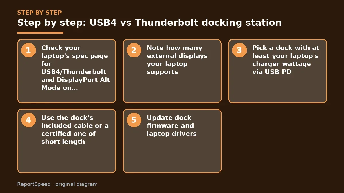 Step illustration: numbered steps for USB4 vs Thunderbolt docking station