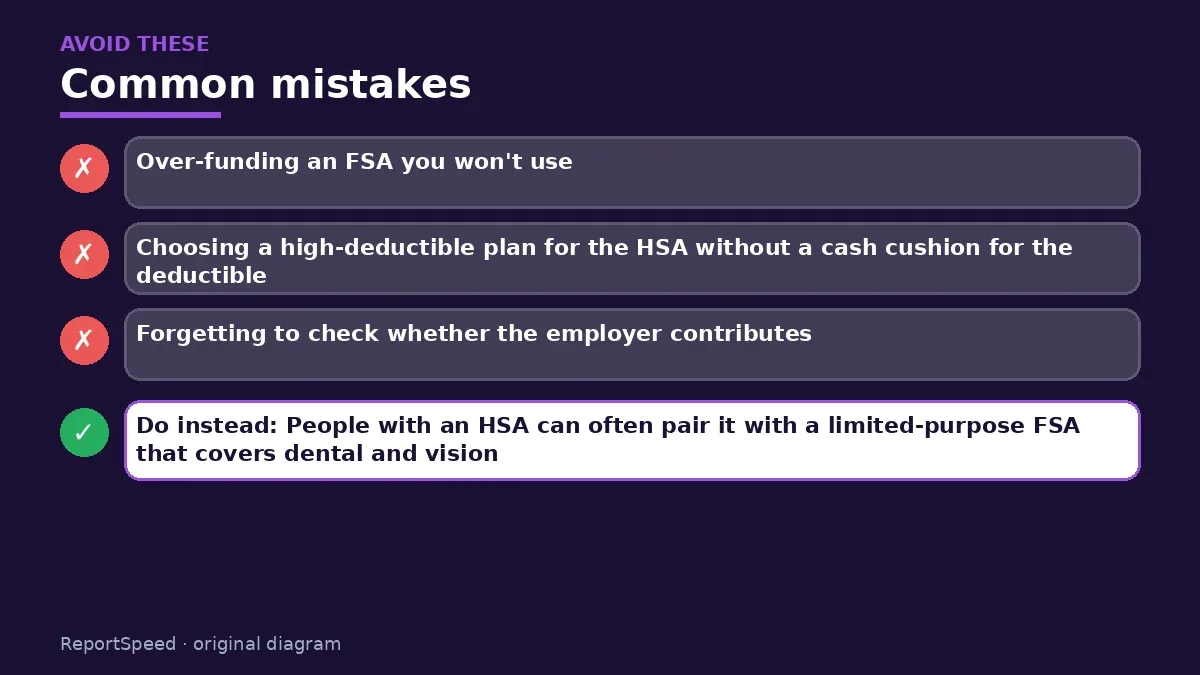 Callout graphic of common mistakes to avoid and what to do instead for HSA vs FSA
