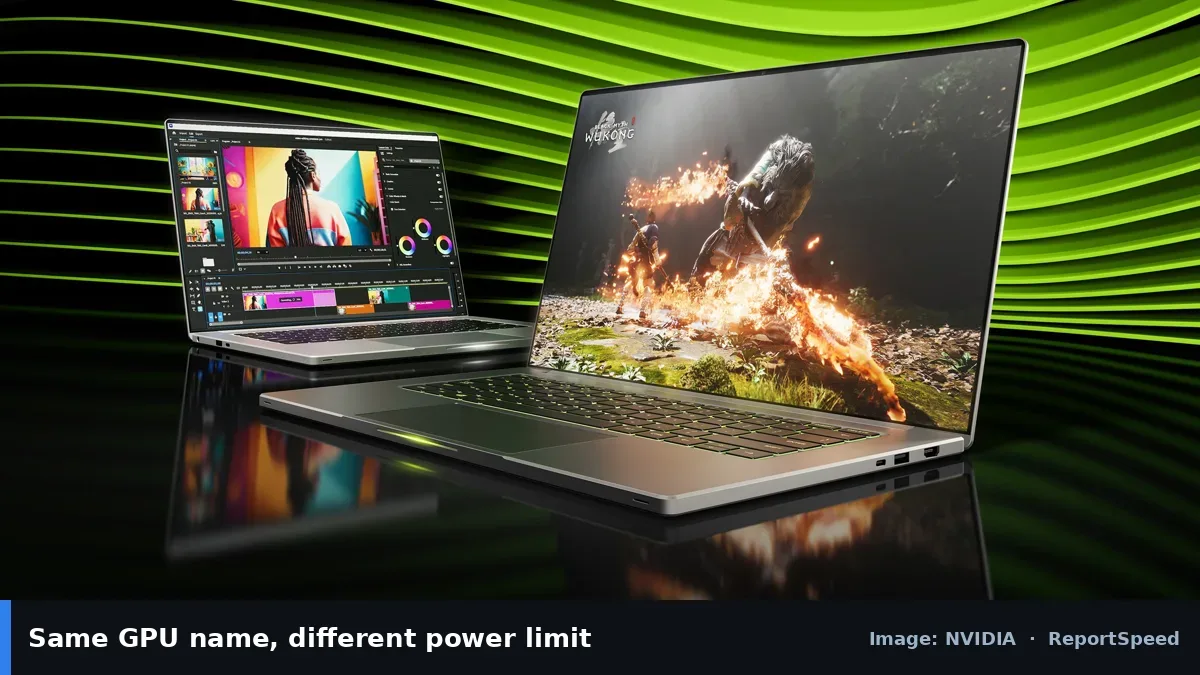 GeForce RTX 50 Series laptops (NVIDIA official image), annotated: Same GPU name, different power limit