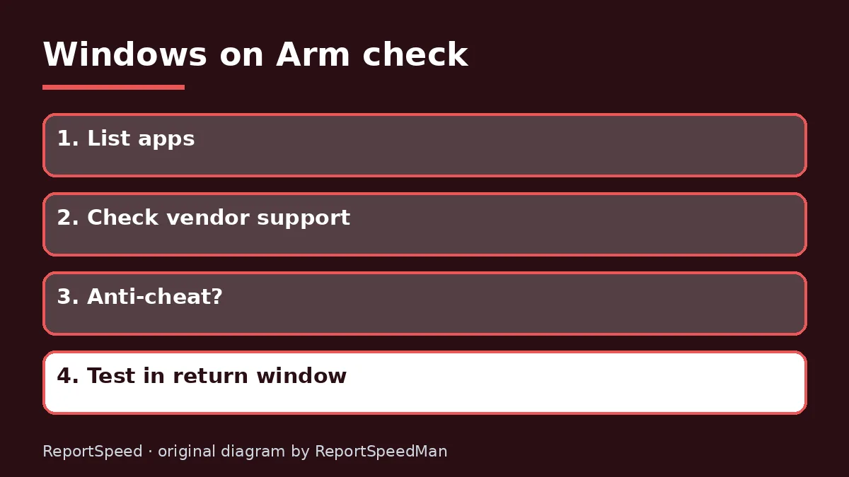 Diagram: Windows on Arm check — List apps; Check vendor support; Anti-cheat?; Test in return window