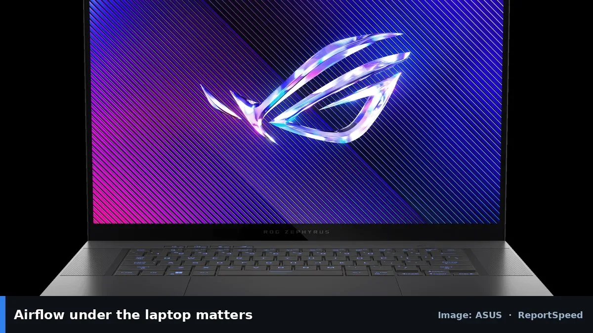 ASUS ROG gaming laptop (ASUS official image), annotated: Airflow under the laptop matters