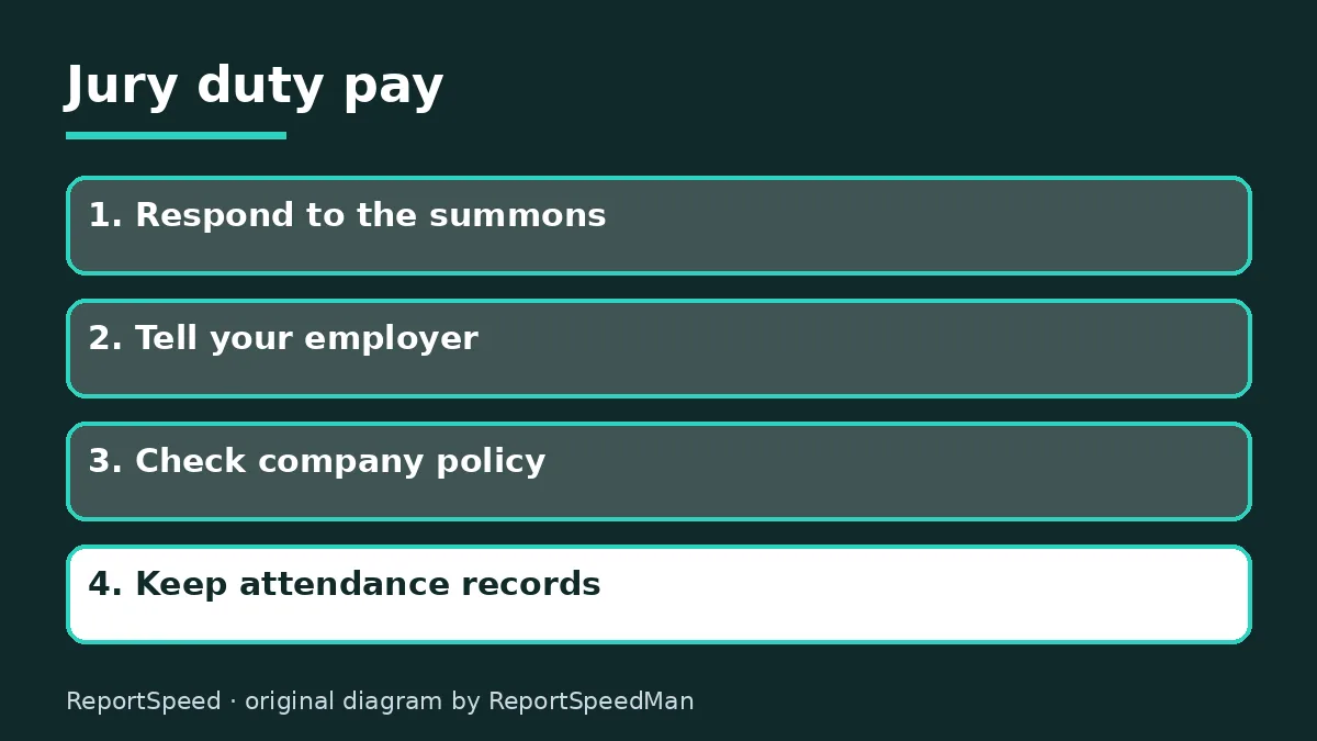 Diagram: Jury duty pay — Respond to the summons; Tell your employer; Check company policy; Keep attendance records