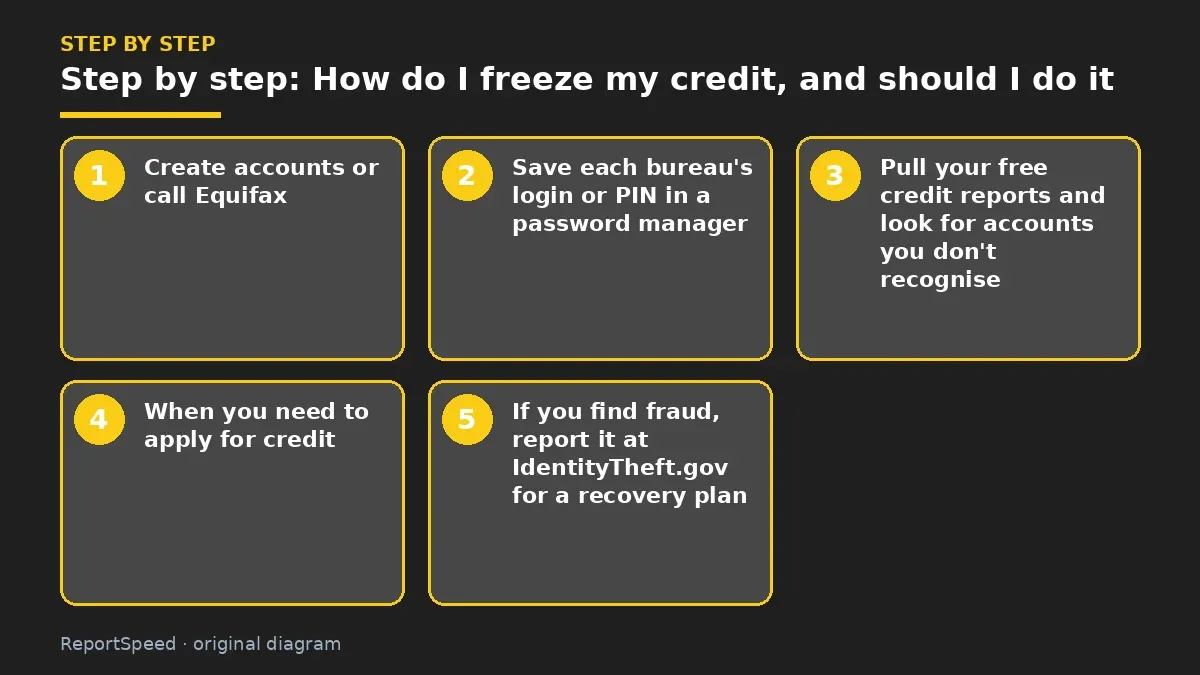 Step illustration: numbered steps for How do I freeze my credit, and should I do it