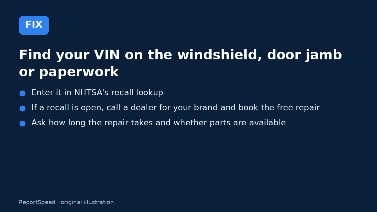Fix steps: Find your VIN on the windshield, door jamb or paperwork; Enter it in NHTSA's recall lookup; If a recall is open