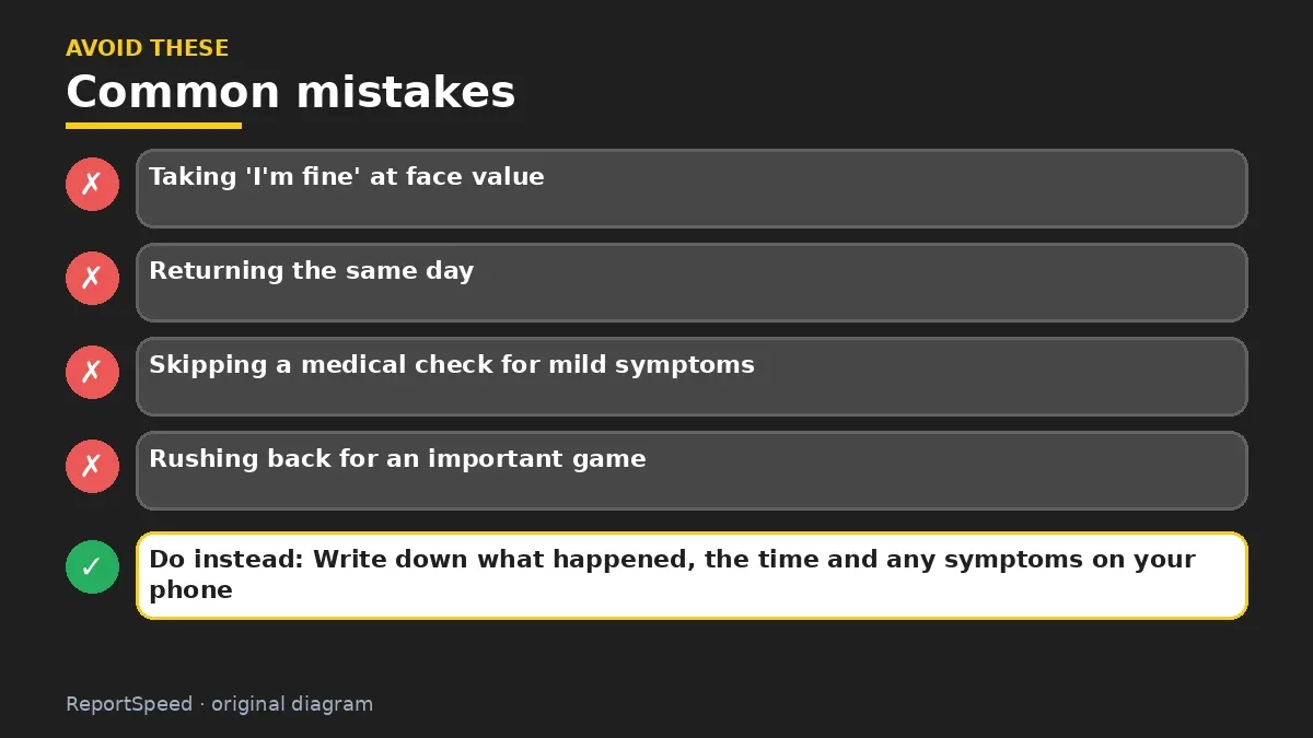 Callout graphic of common mistakes to avoid and what to do instead for Concussion signs after a head bump