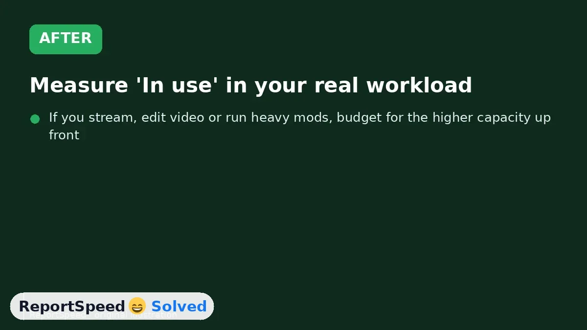 After: Measure 'In use' in your real workload, compare with official game requirements, buy a matched kit, and turn on its profile