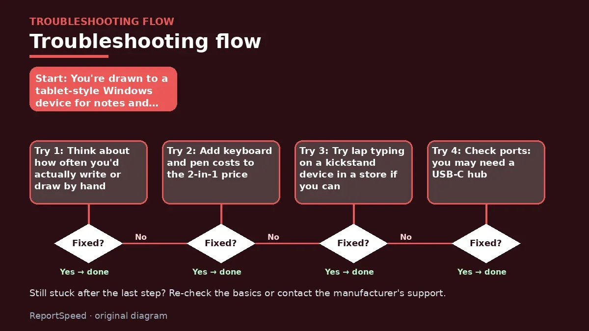 Troubleshooting flowchart: try each step in order and stop when it is fixed — Surface Pro or a regular laptop