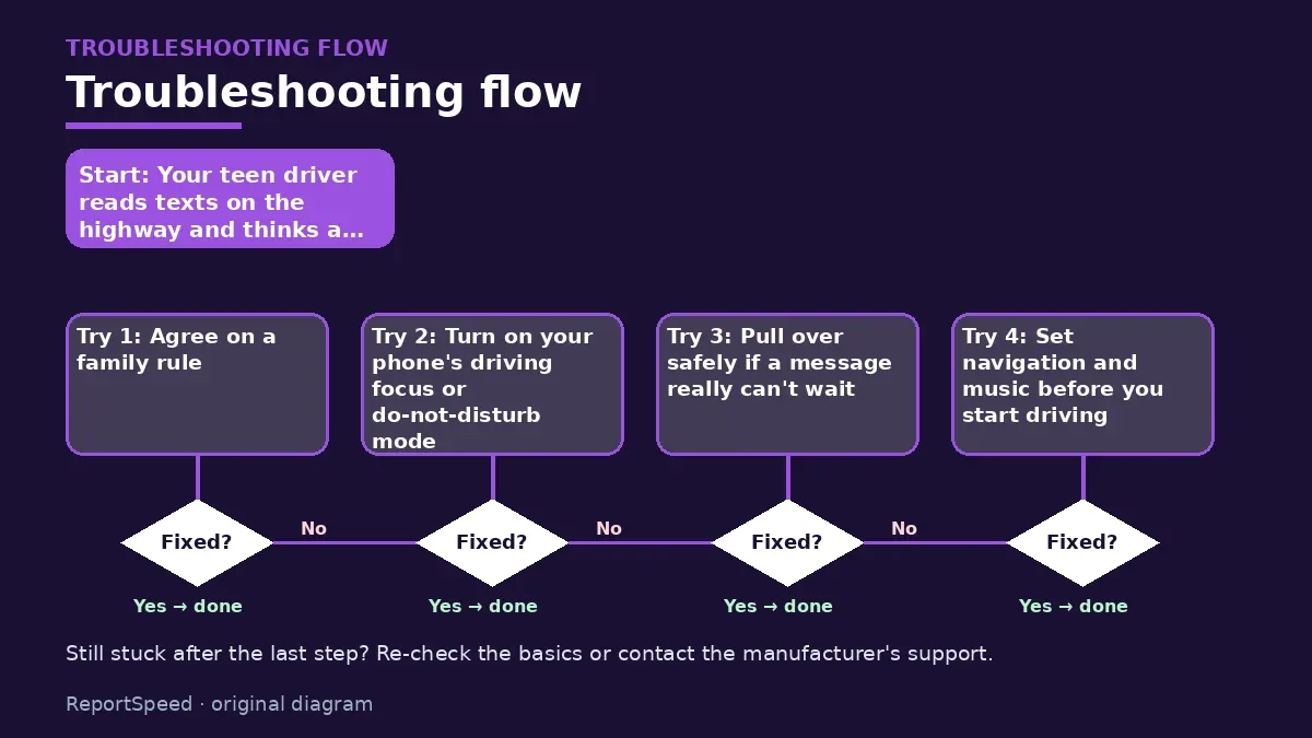 Troubleshooting flowchart: try each step in order and stop when it is fixed — Texting while driving