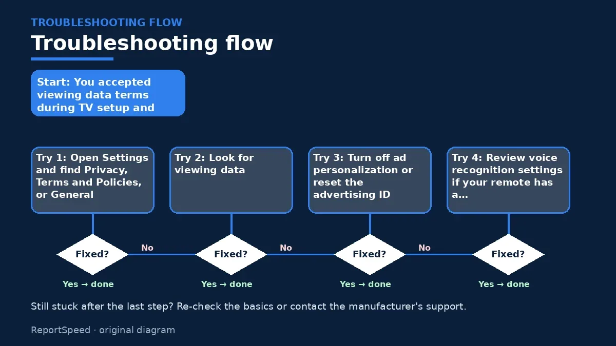 Troubleshooting flowchart: try each step in order and stop when it is fixed — Is my smart TV tracking what I watch