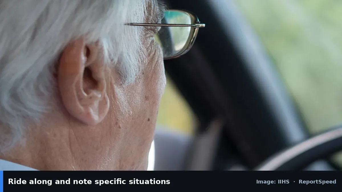 IIHS photo of an older driver at the wheel (IIHS official image), annotated: Ride along and note specific situations