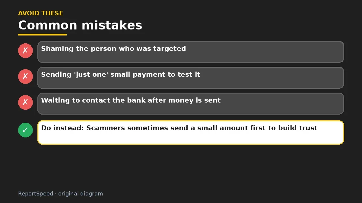 Callout graphic of common mistakes to avoid and what to do instead for How to spot a romance scam before you send money
