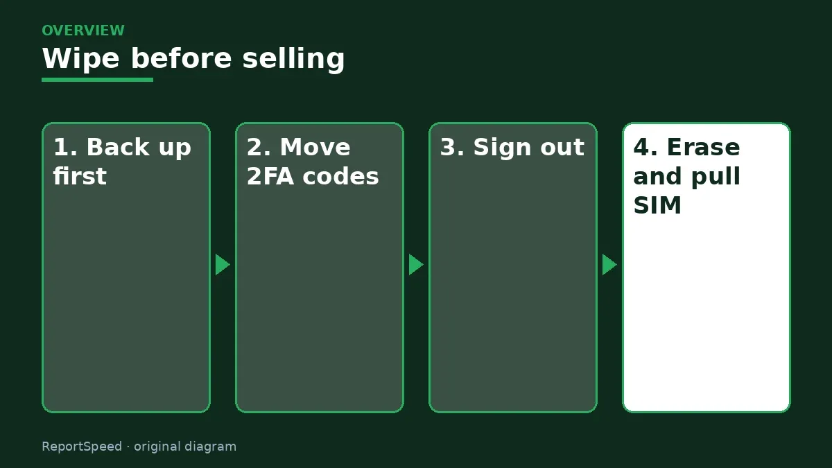 Overview diagram: Wipe before selling — Back up first; Move 2FA codes; Sign out; Erase and pull SIM