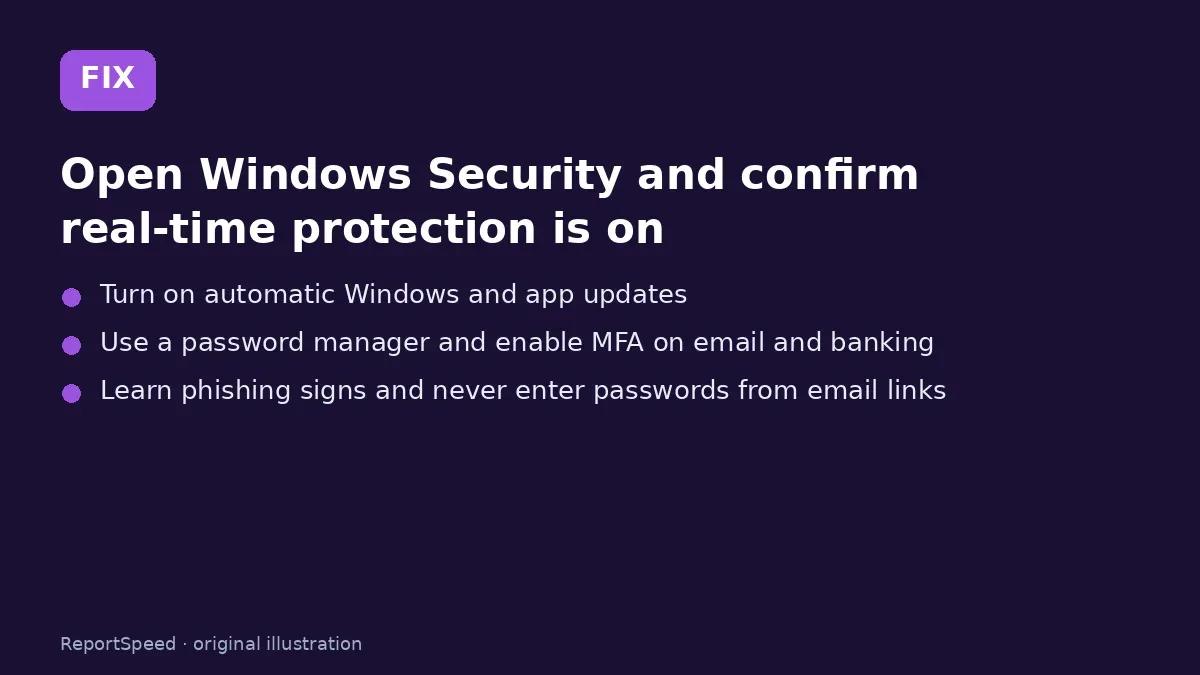 Fix steps: Open Windows Security and confirm real-time protection is on; Turn on automatic Windows and app updates; Use a password manager and enable MFA on email and banking