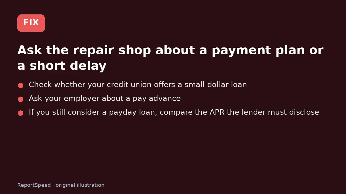 Fix steps: Ask the repair shop about a payment plan or a short delay; Check whether your credit union offers a small-dollar loan; Ask your employer about a pay advance
