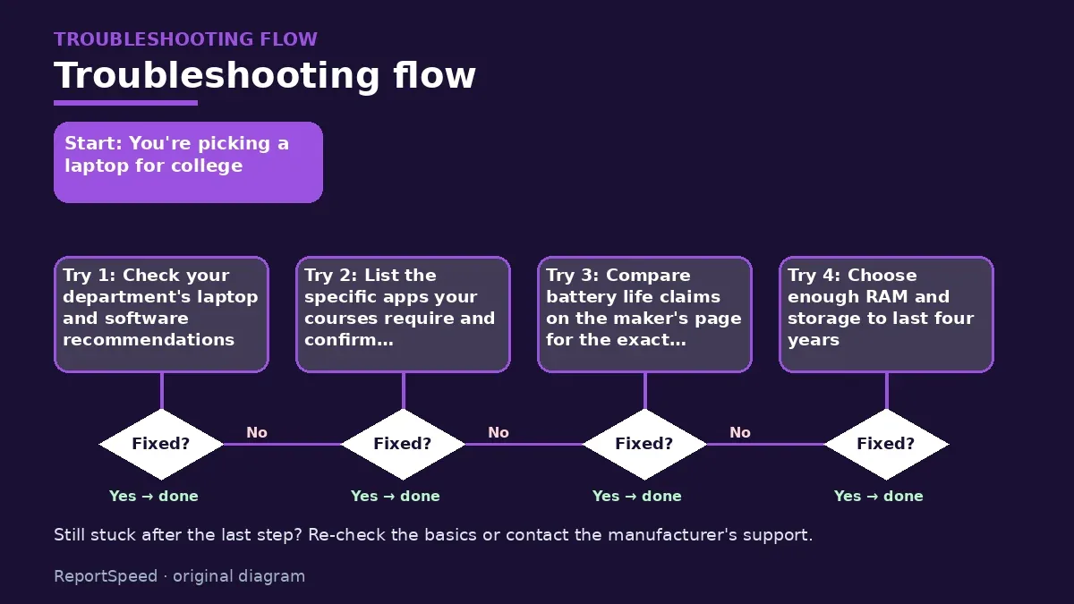 Troubleshooting flowchart: try each step in order and stop when it is fixed — MacBook Air vs Windows laptop for college