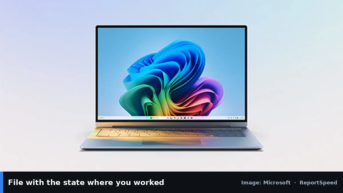 Windows 11 laptop (Microsoft official image), annotated: File with the state where you worked
