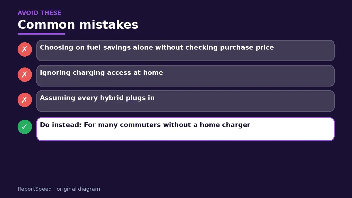 Callout graphic of common mistakes to avoid and what to do instead for Hybrid vs electric vs gas car