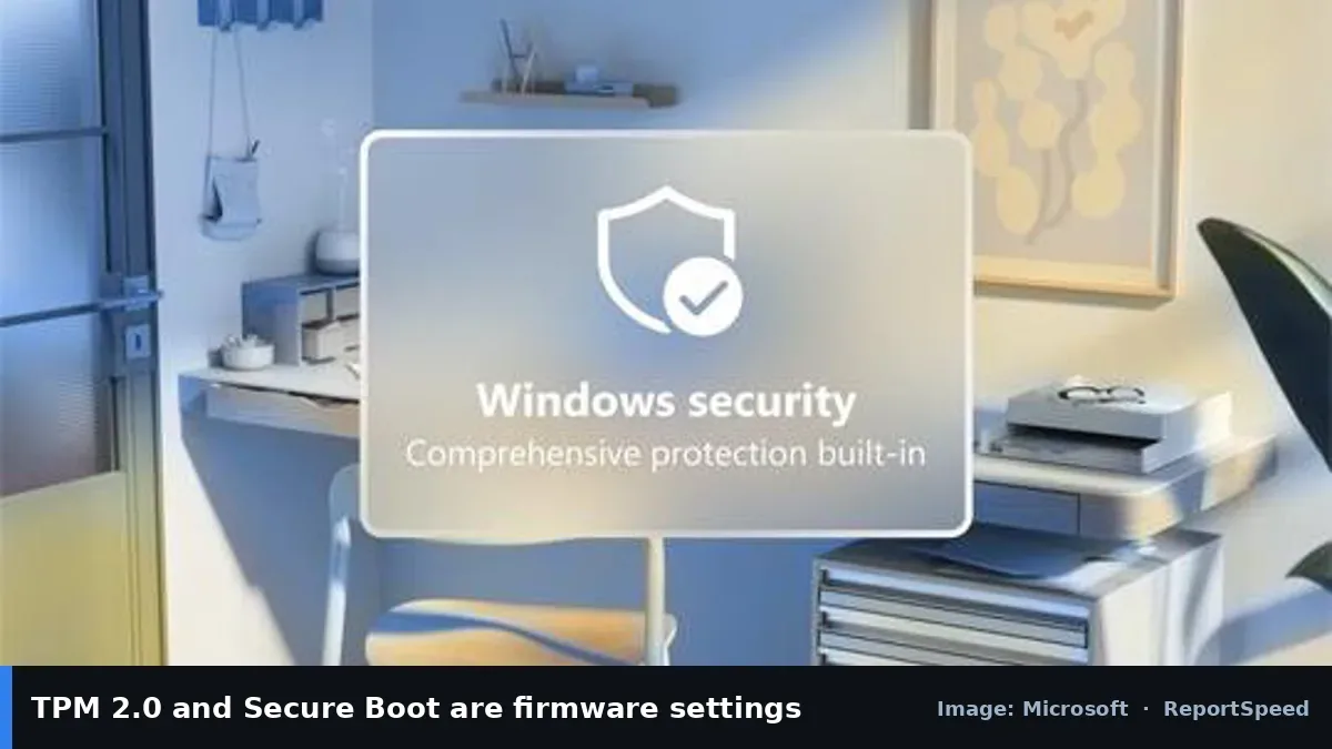 Windows Hello sign-in (Microsoft official image), annotated: TPM 2.0 and Secure Boot are firmware settings