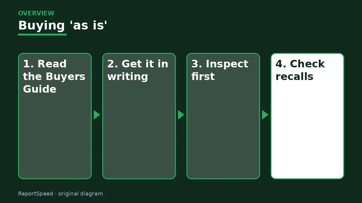 Overview diagram: Buying 'as is' — Read the Buyers Guide; Get it in writing; Inspect first; Check recalls