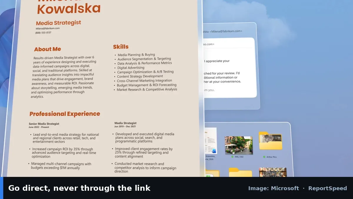 Windows Security feature image (Microsoft official image), annotated: Go direct, never through the link