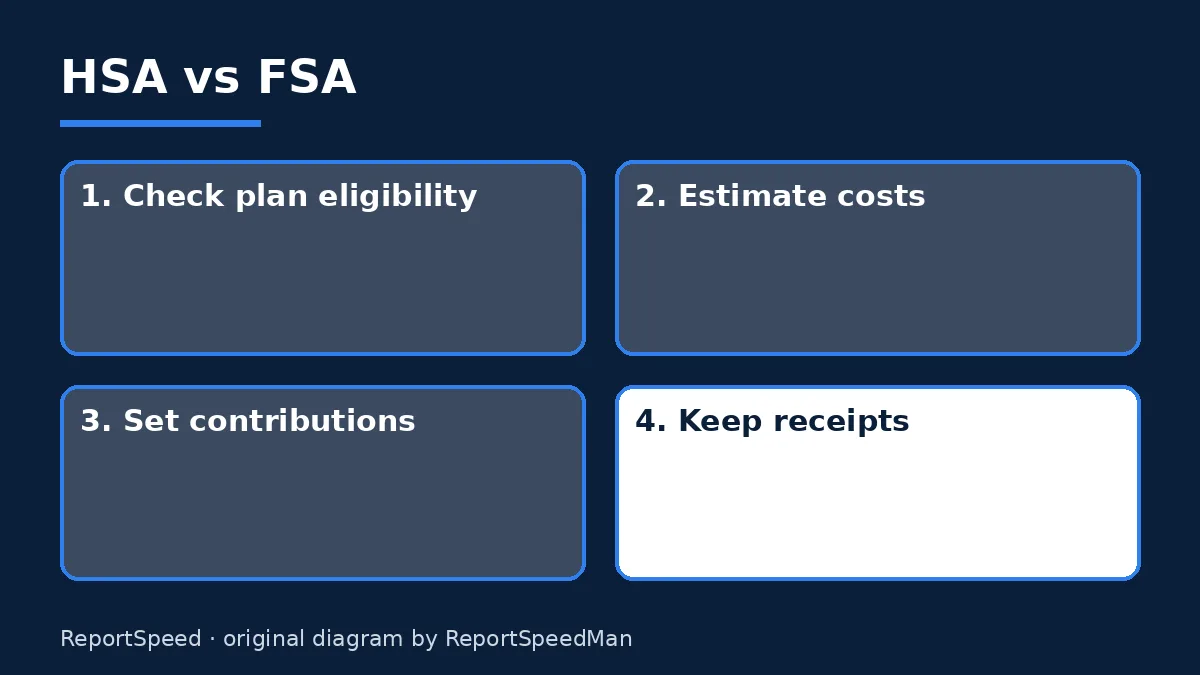 Diagram: HSA vs FSA — Check plan eligibility; Estimate costs; Set contributions; Keep receipts