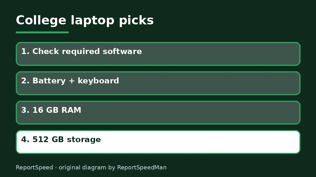 Diagram: College laptop picks — Check required software; Battery + keyboard; 16 GB RAM; 512 GB storage