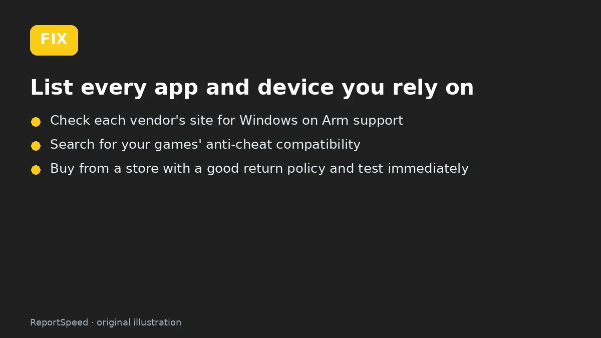 Fix steps: List every app and device you rely on; Check each vendor's site for Windows on Arm support; Search for your games' anti-cheat compatibility
