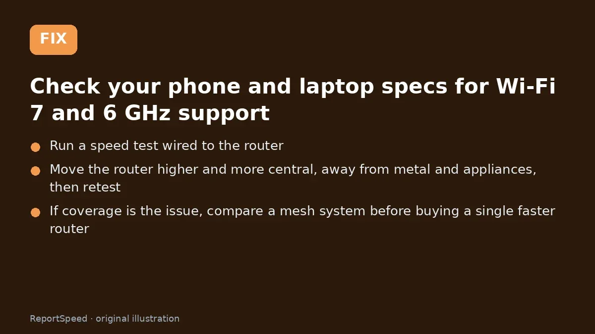 Fix steps: Check your phone and laptop specs for Wi-Fi 7 and 6 GHz…; Run a speed test wired to the router; Move the router higher and more central