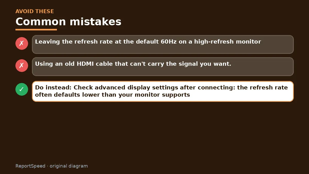 Callout graphic of common mistakes to avoid and what to do instead for Monitor plugged into the motherboard instead of the graphics card