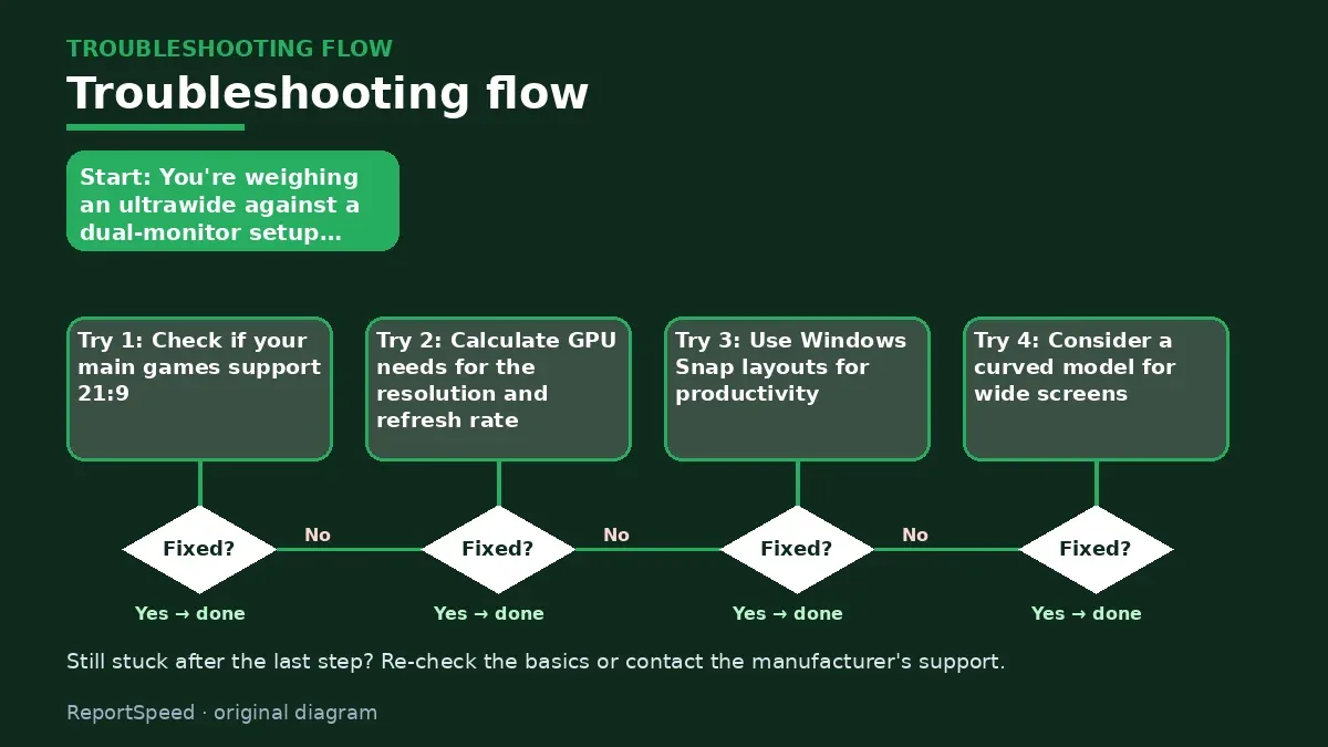 Troubleshooting flowchart: try each step in order and stop when it is fixed — Ultrawide monitor for gaming and work