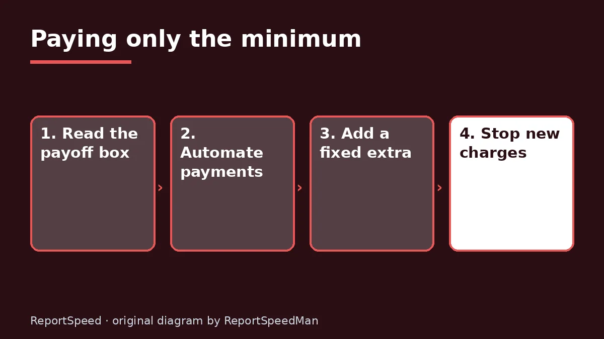 Diagram: Paying only the minimum — Read the payoff box; Automate payments; Add a fixed extra; Stop new charges