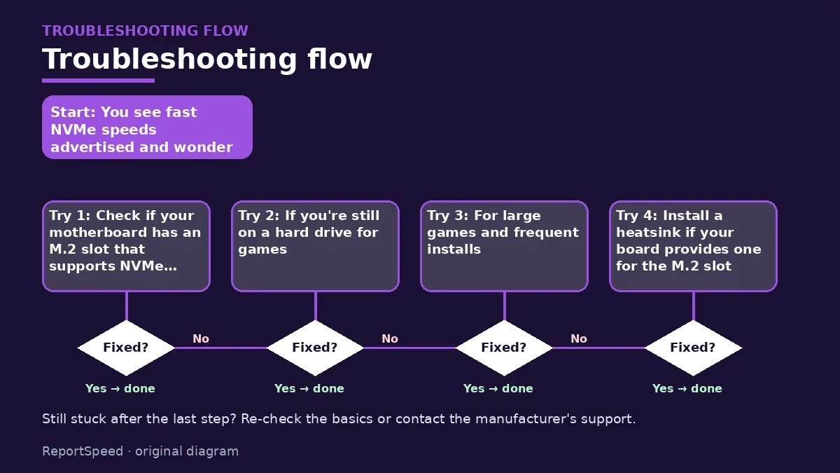Troubleshooting flowchart: try each step in order and stop when it is fixed — Is upgrading from a SATA SSD to NVMe worth it for gaming
