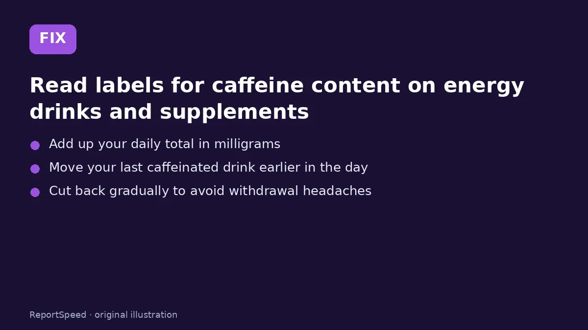 Fix steps: Read labels for caffeine content on energy drinks and…; Add up your daily total in milligrams; Move your last caffeinated drink earlier in the day