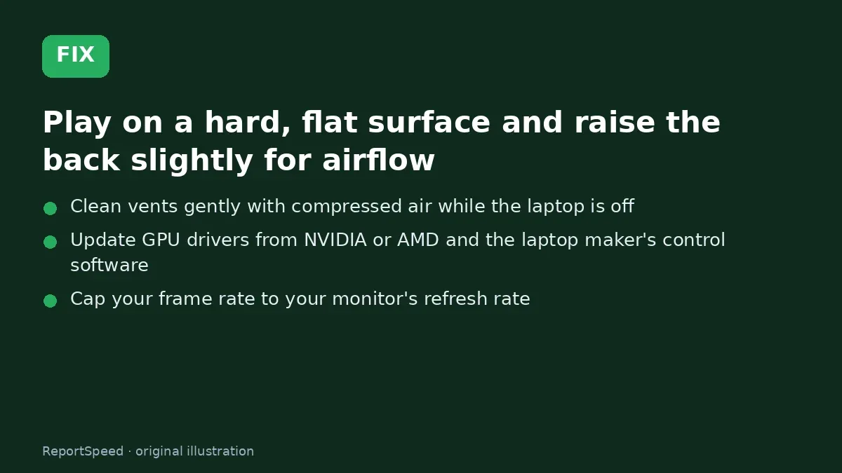 Fix steps: Play on a hard; Clean vents gently with compressed air while the laptop is…; Update GPU drivers from NVIDIA or AMD and the laptop…