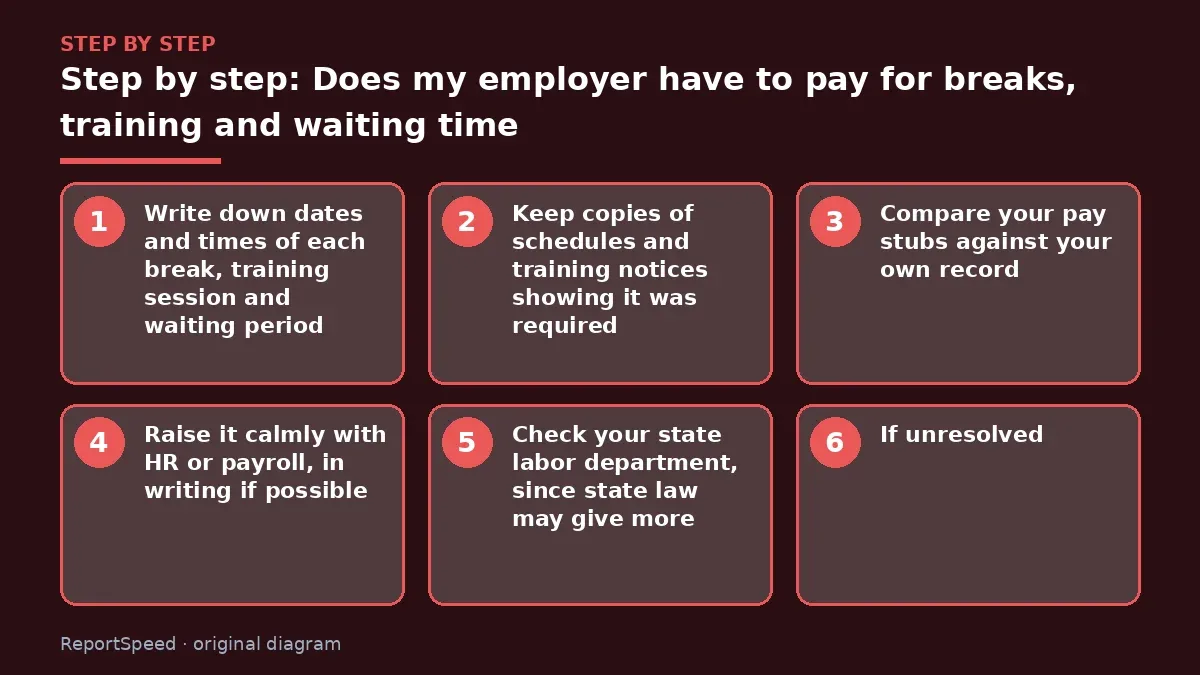 Step illustration: numbered steps for Does my employer have to pay for breaks, training and waiting time
