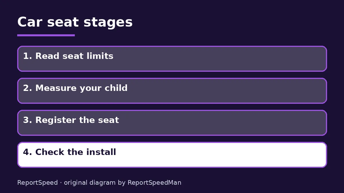 Diagram: Car seat stages — Read seat limits; Measure your child; Register the seat; Check the install