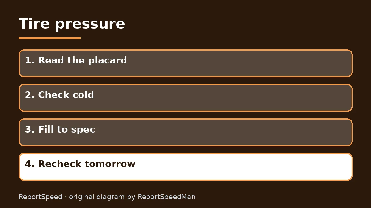 Diagram: Tire pressure — Read the placard; Check cold; Fill to spec; Recheck tomorrow