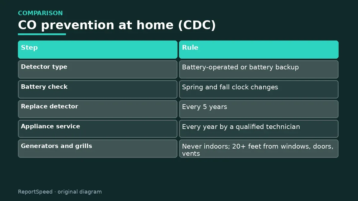 Comparison chart: CO prevention at home (CDC)